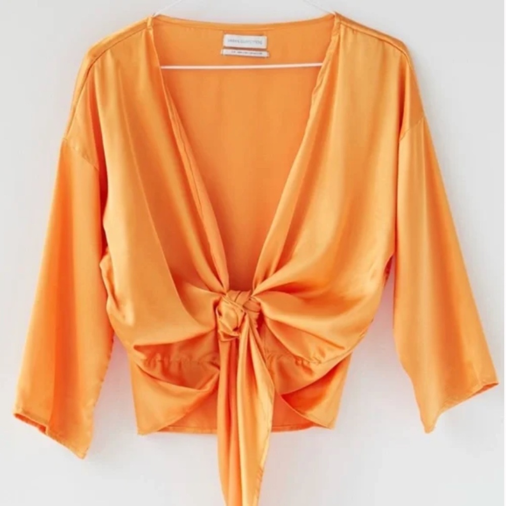 Nicole Satin Tie-Front Nylon Boho Hipster Hippie Art Deco Farm Chic Hip Blouse